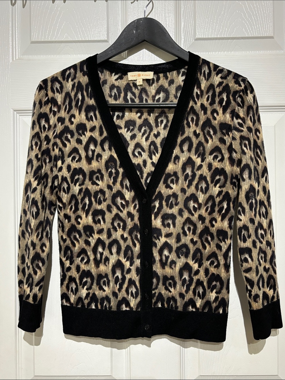 Tory Burch Leopard-Print V-Neck Cardigan in Black and Tan